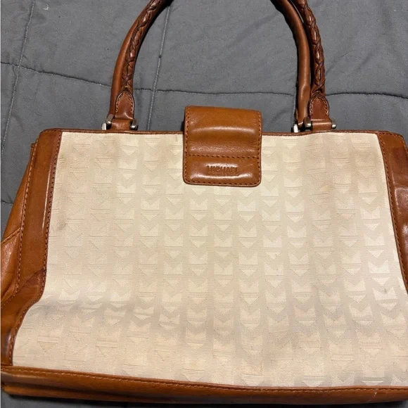 MICHAEL KORS Handbag Purse Large White Canvas Brown Leather Tote Bag - Picture 5 of 10